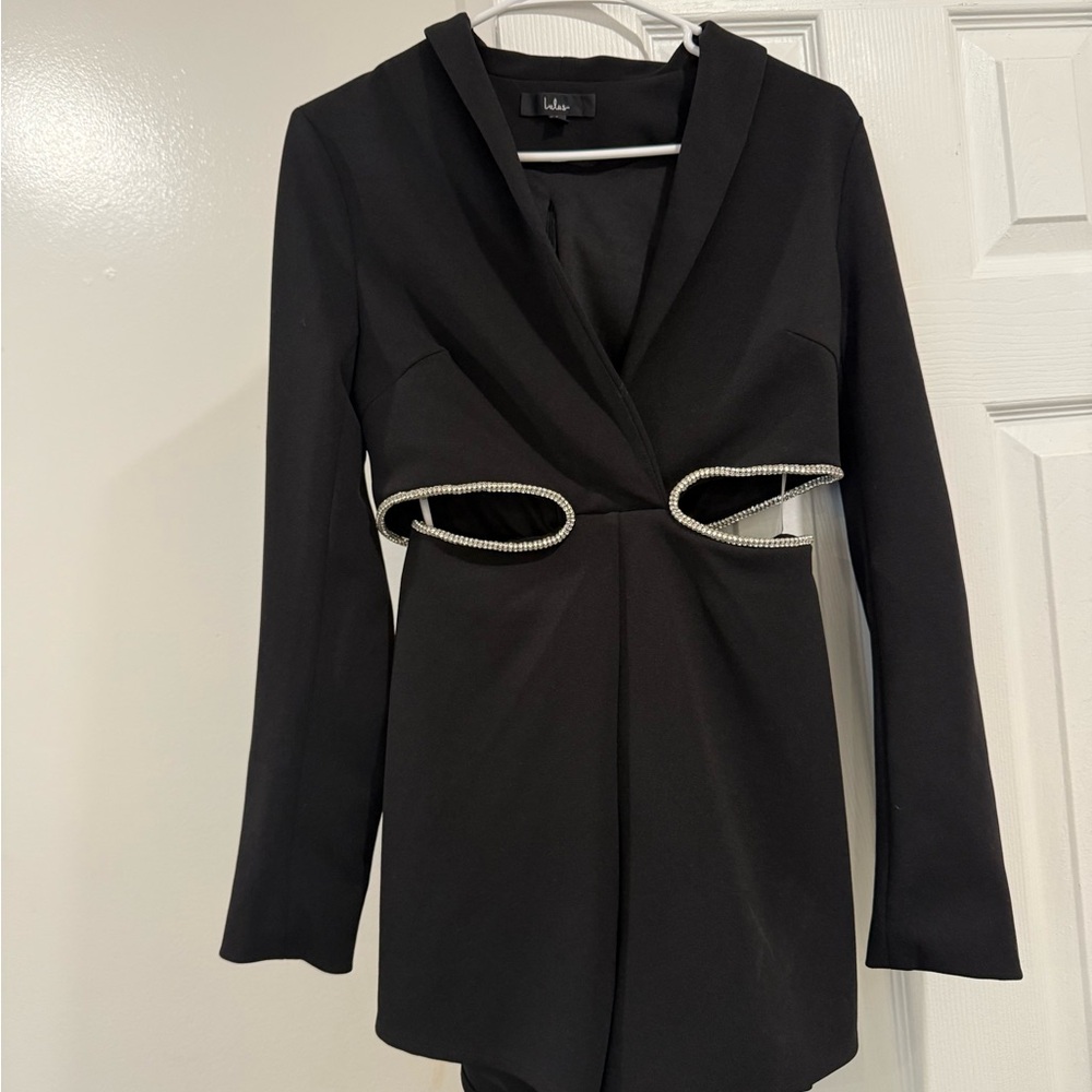 Lulu's Black Blazer Jumpsuit short with Rhinestone Accents